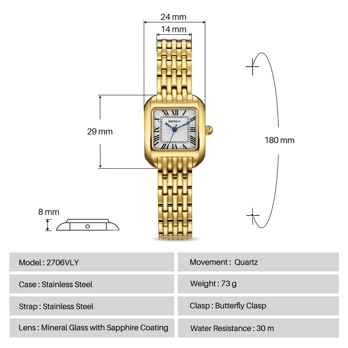 BERNY 2706VLY Women's Gold Square Quartz Dress Watch - Top G Watches