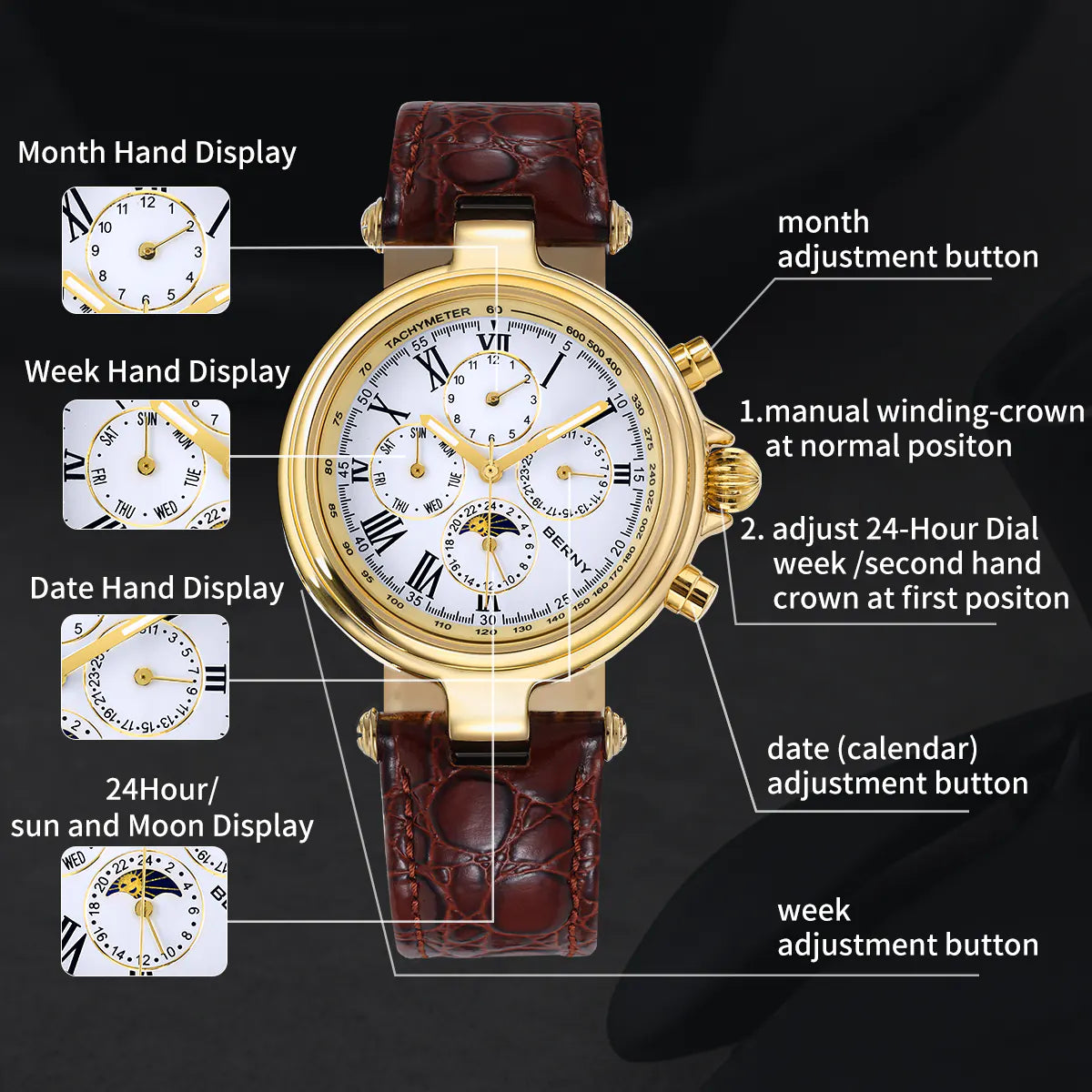 BERNY AM7042M Automatic Full Calendar Dress Watch – Roman Numerals - Top G Watches