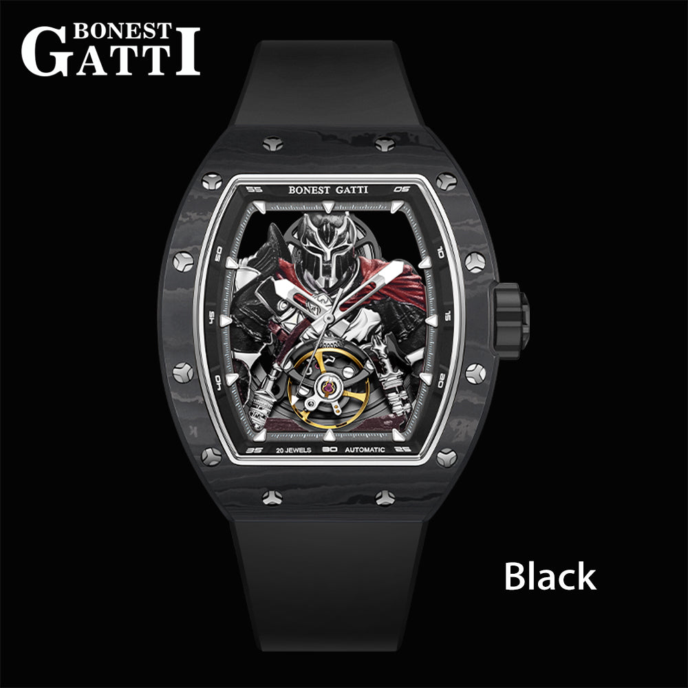 BONEST GATTI Automatic Tonneau Watch Spartan Warrior Series Carbon Fiber Skeleton Self Wind Movement Sapphire Crystal Luminous Watch BG9009 - Top G Watches