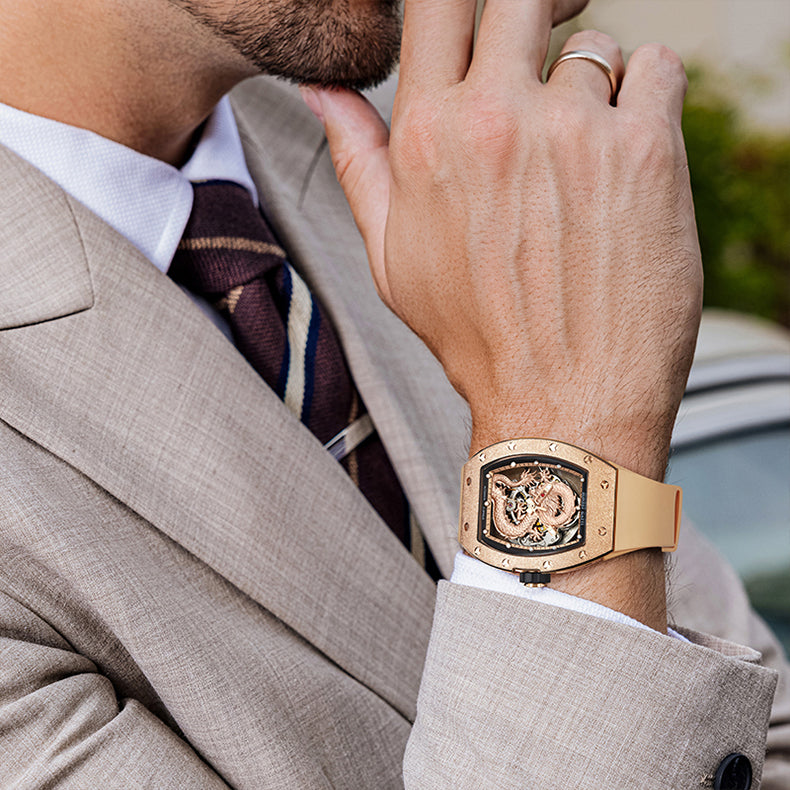 BONEST GATTI Tonneau Shaped Dragon theme frosted gold finishing Case Men's Automatic Mechanical Watch Luminous GB5003 - Top G Watches