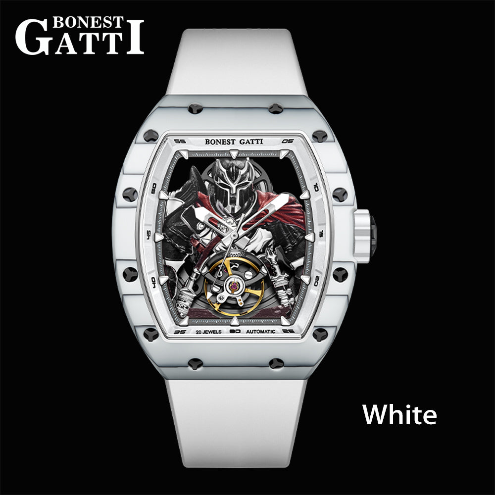 BONEST GATTI Automatic Tonneau Watch Spartan Warrior Series Carbon Fiber Skeleton Self Wind Movement Sapphire Crystal Luminous Watch BG9009 - Top G Watches