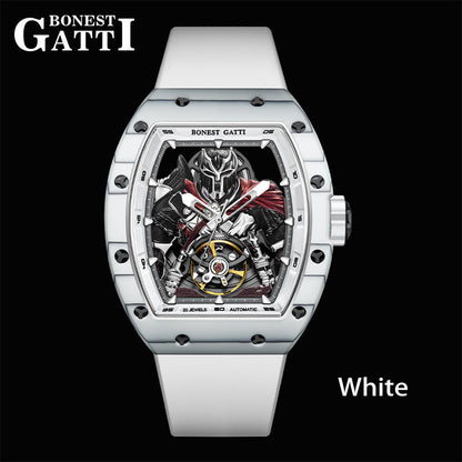 BONEST GATTI Automatic Tonneau Watch Spartan Warrior Series Carbon Fiber Skeleton Self Wind Movement Sapphire Crystal Luminous Watch BG9009 - Top G Watches