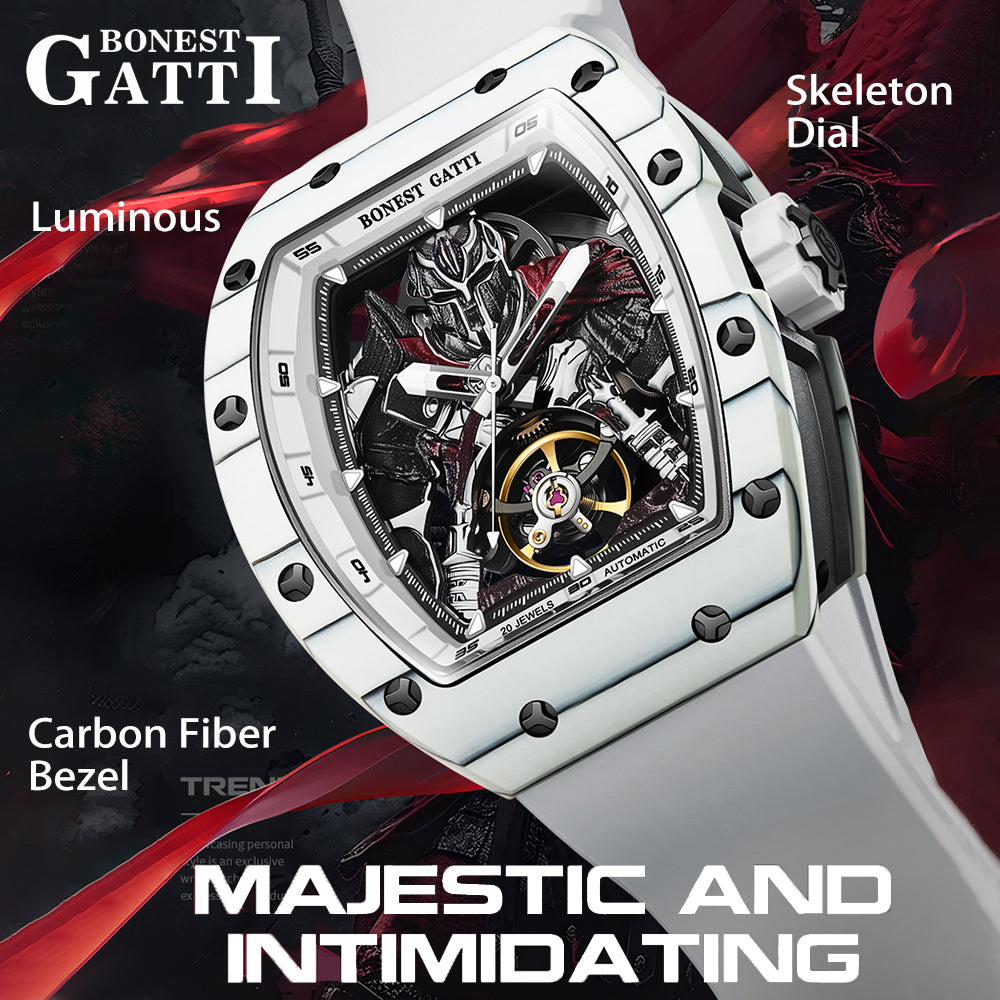 BONEST GATTI Automatic Tonneau Watch Spartan Warrior Series Carbon Fiber Skeleton Self Wind Movement Sapphire Crystal Luminous Watch BG9009 - Top G Watches