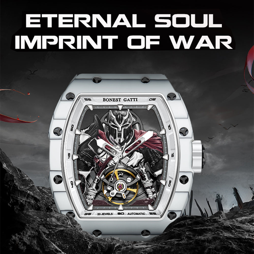 BONEST GATTI Automatic Tonneau Watch Spartan Warrior Series Carbon Fiber Skeleton Self Wind Movement Sapphire Crystal Luminous Watch BG9009 - Top G Watches