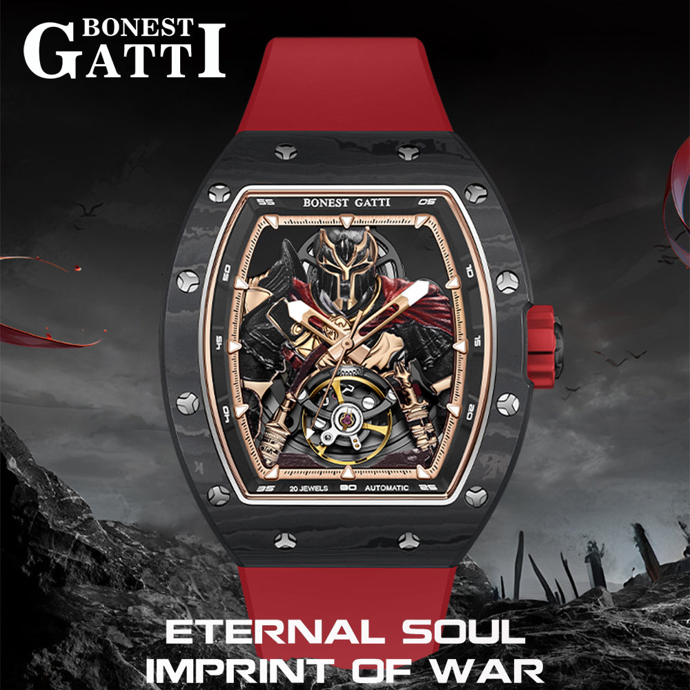 BONEST GATTI Automatic Tonneau Watch Spartan Warrior Series Carbon Fiber Skeleton Self Wind Movement Sapphire Crystal Luminous Watch BG9009 - Top G Watches
