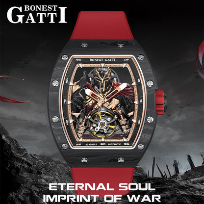 BONEST GATTI Automatic Tonneau Watch Spartan Warrior Series Carbon Fiber Skeleton Self Wind Movement Sapphire Crystal Luminous Watch BG9009 - Top G Watches