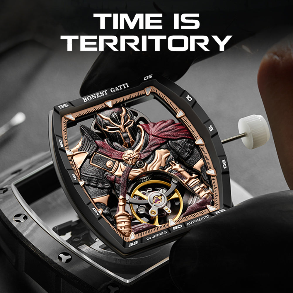 BONEST GATTI Automatic Tonneau Watch Spartan Warrior Series Carbon Fiber Skeleton Self Wind Movement Sapphire Crystal Luminous Watch BG9009 - Top G Watches