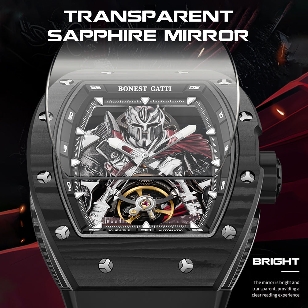 BONEST GATTI Automatic Tonneau Watch Spartan Warrior Series Carbon Fiber Skeleton Self Wind Movement Sapphire Crystal Luminous Watch BG9009 - Top G Watches