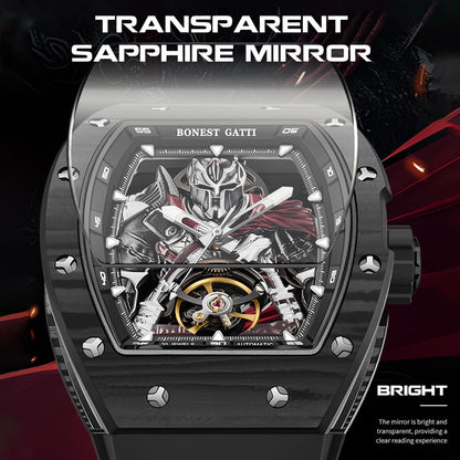 BONEST GATTI Automatic Tonneau Watch Spartan Warrior Series Carbon Fiber Skeleton Self Wind Movement Sapphire Crystal Luminous Watch BG9009 - Top G Watches