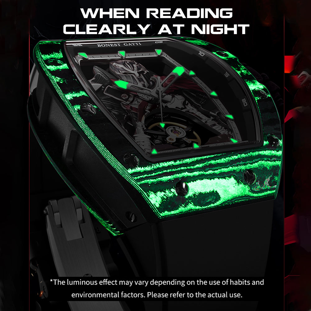 BONEST GATTI Automatic Tonneau Watch Spartan Warrior Series Carbon Fiber Skeleton Self Wind Movement Sapphire Crystal Luminous Watch BG9009 - Top G Watches