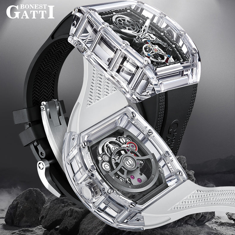BONEST GATTI Tourbillon K9 Crystal Transparent Case Tonneau watch Skeleton Movement  Watch Fluororubber Strap BG7001 - Top G Watches