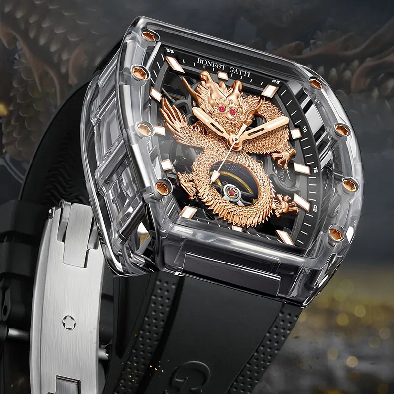 BONEST GATTI BG9980 Dragon Crystal Skeleton Automatic Watch