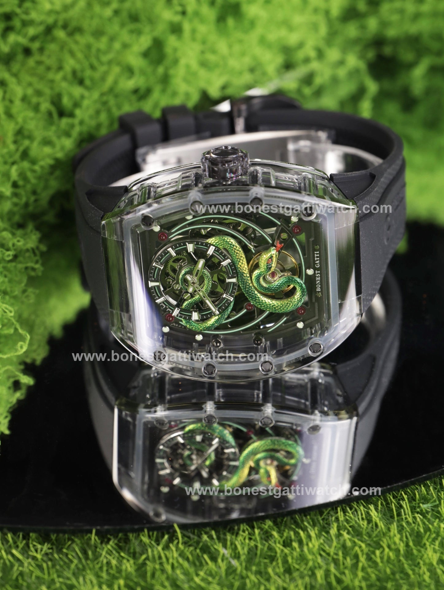 Bonest Gatti BG6004 Transparent Emerald Snake Dial – Skeleton Tonneau Watch - Top G Watches