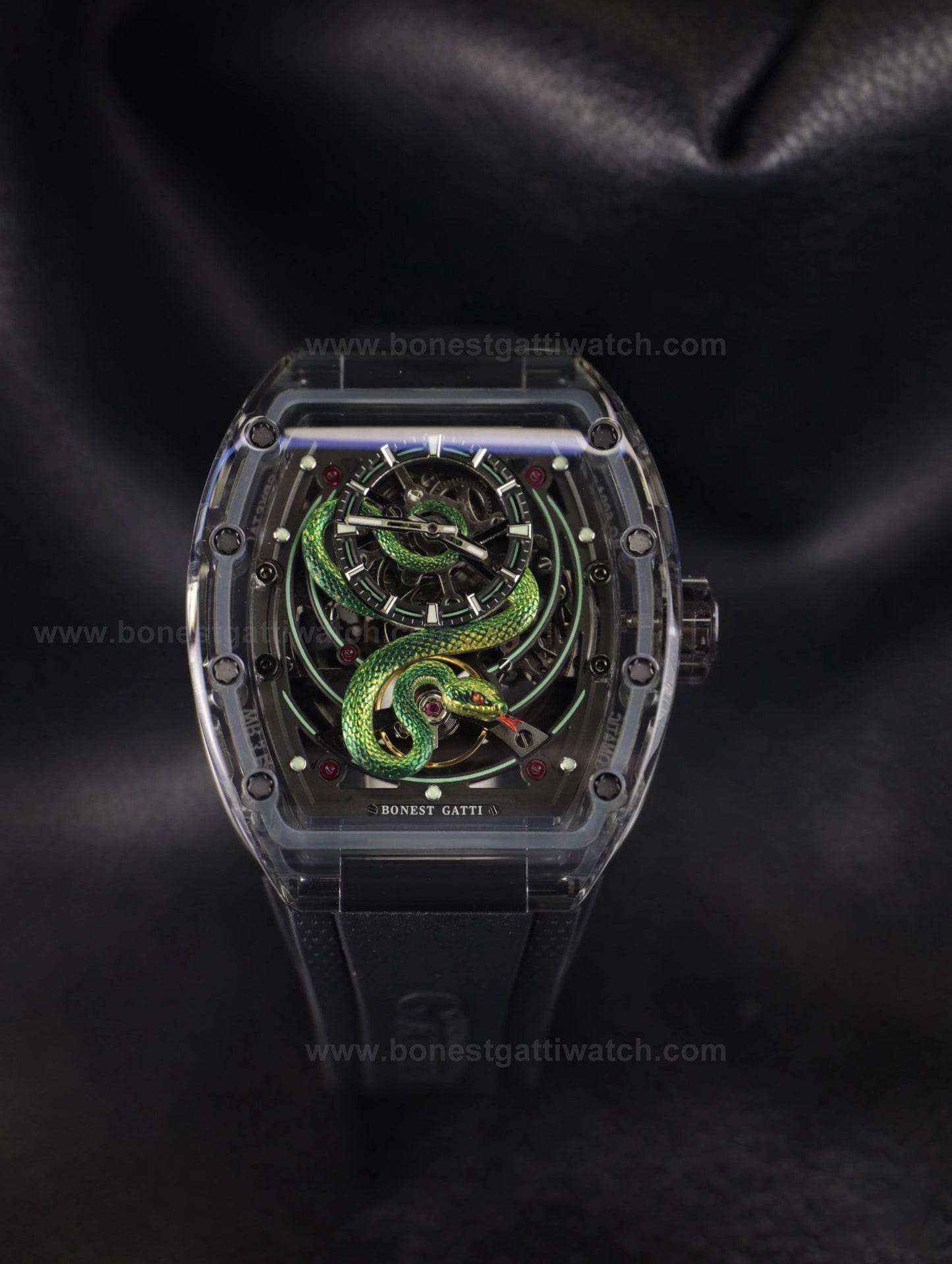 Bonest Gatti BG6004 Transparent Emerald Snake Dial – Skeleton Tonneau Watch - Top G Watches