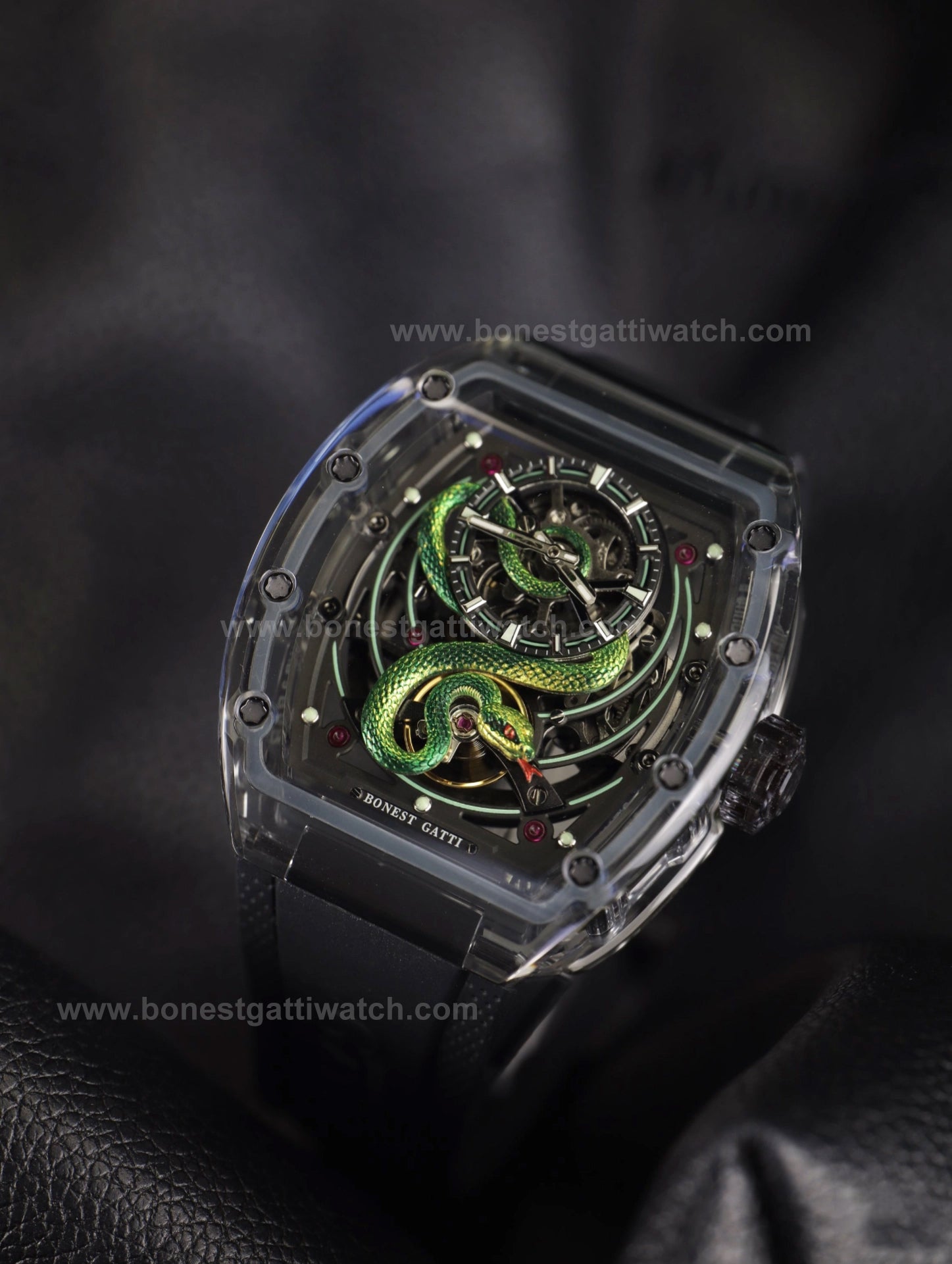 Bonest Gatti BG6004 Transparent Emerald Snake Dial – Skeleton Tonneau Watch - Top G Watches