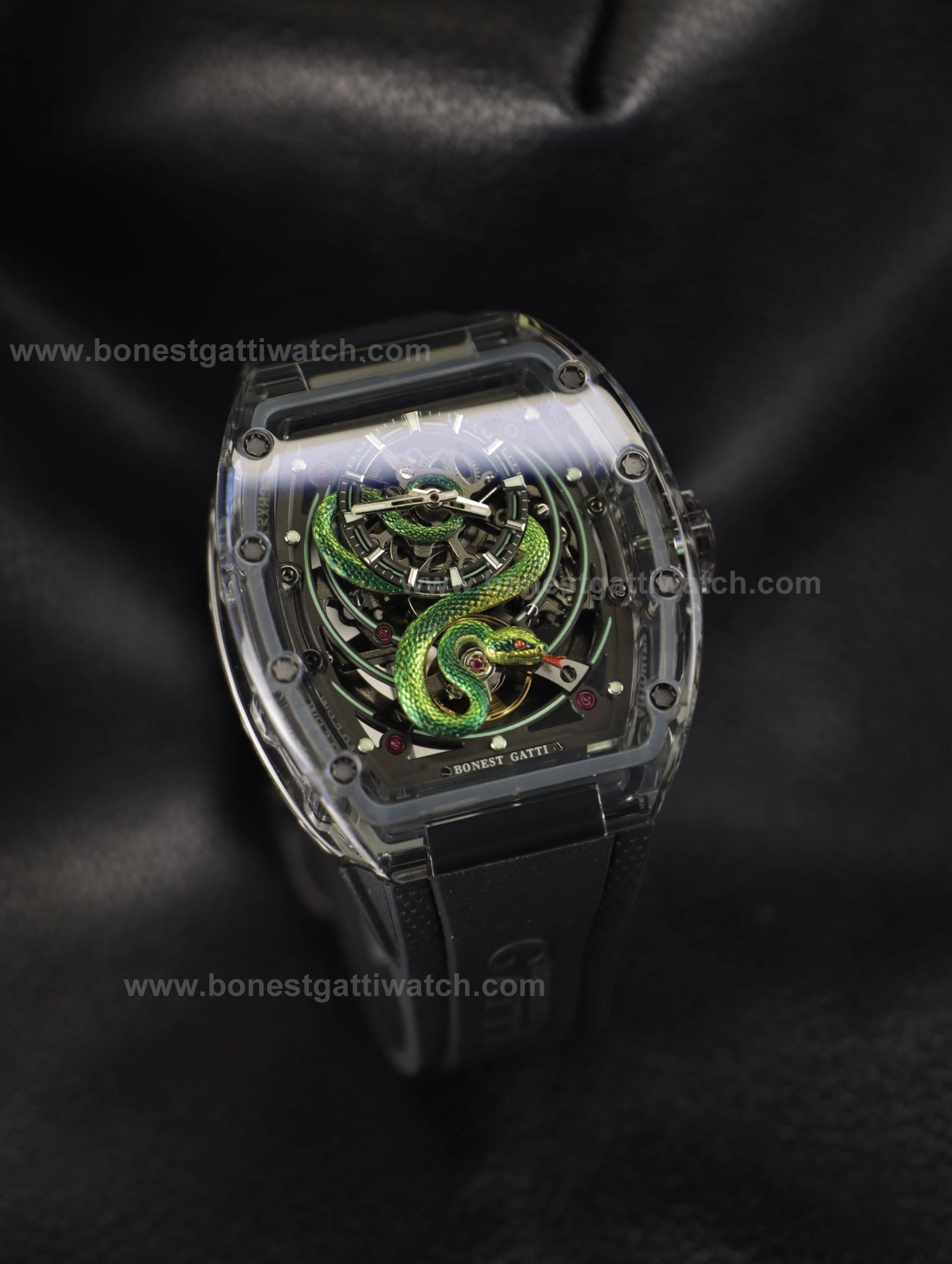 Bonest Gatti BG6004 Transparent Emerald Snake Dial – Skeleton Tonneau Watch - Top G Watches