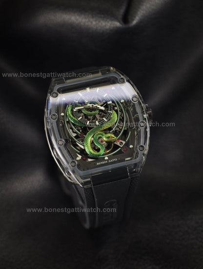 Bonest Gatti BG6004 Transparent Emerald Snake Dial – Skeleton Tonneau Watch - Top G Watches