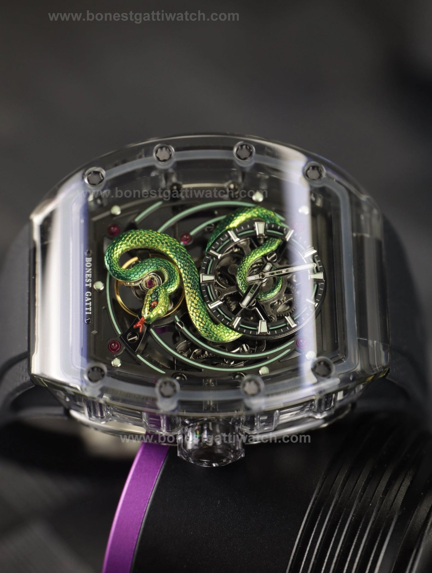 Bonest Gatti BG6004 Transparent Emerald Snake Dial – Skeleton Tonneau Watch - Top G Watches