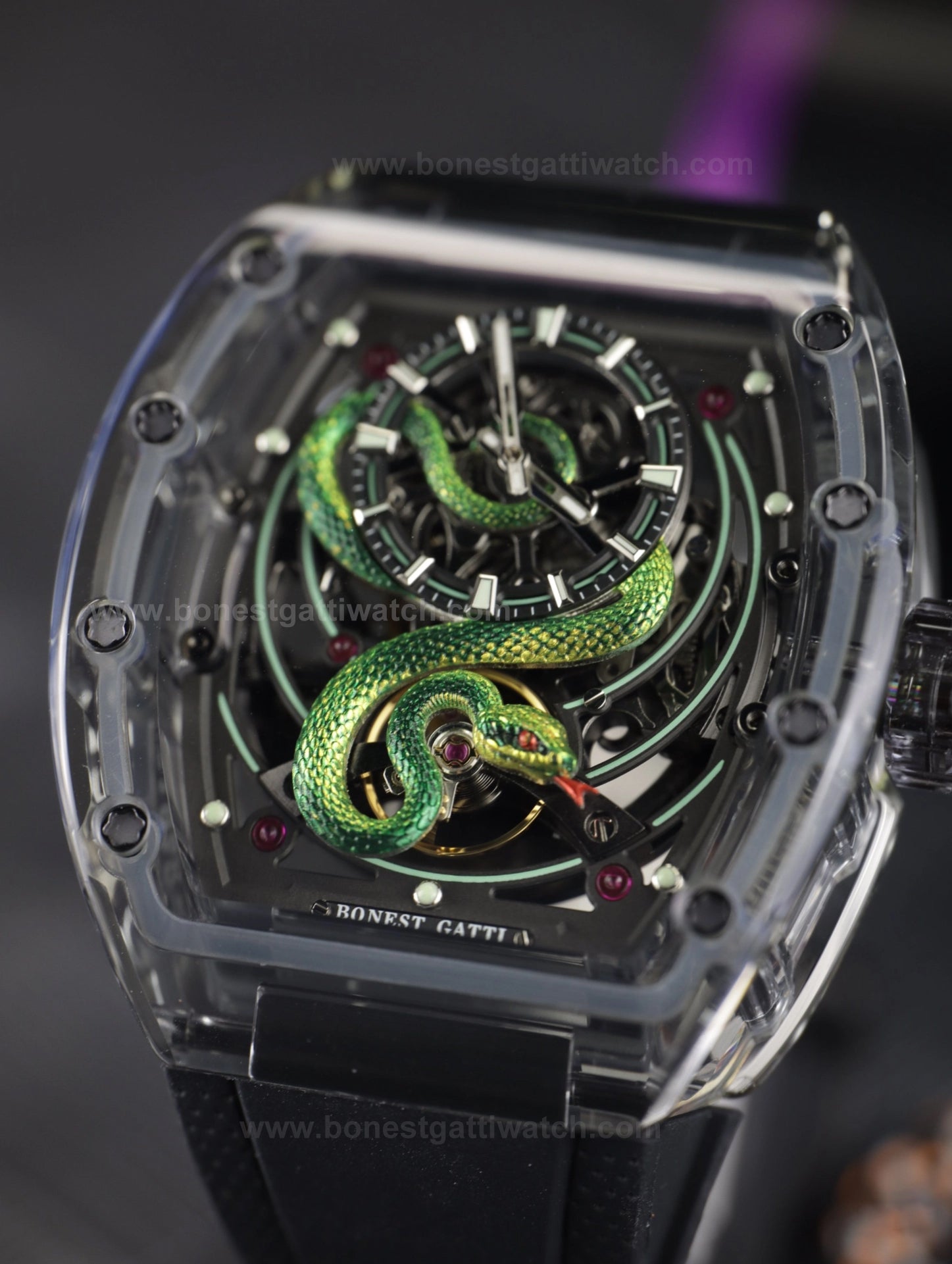 Bonest Gatti BG6004 Transparent Emerald Snake Dial – Skeleton Tonneau Watch - Top G Watches