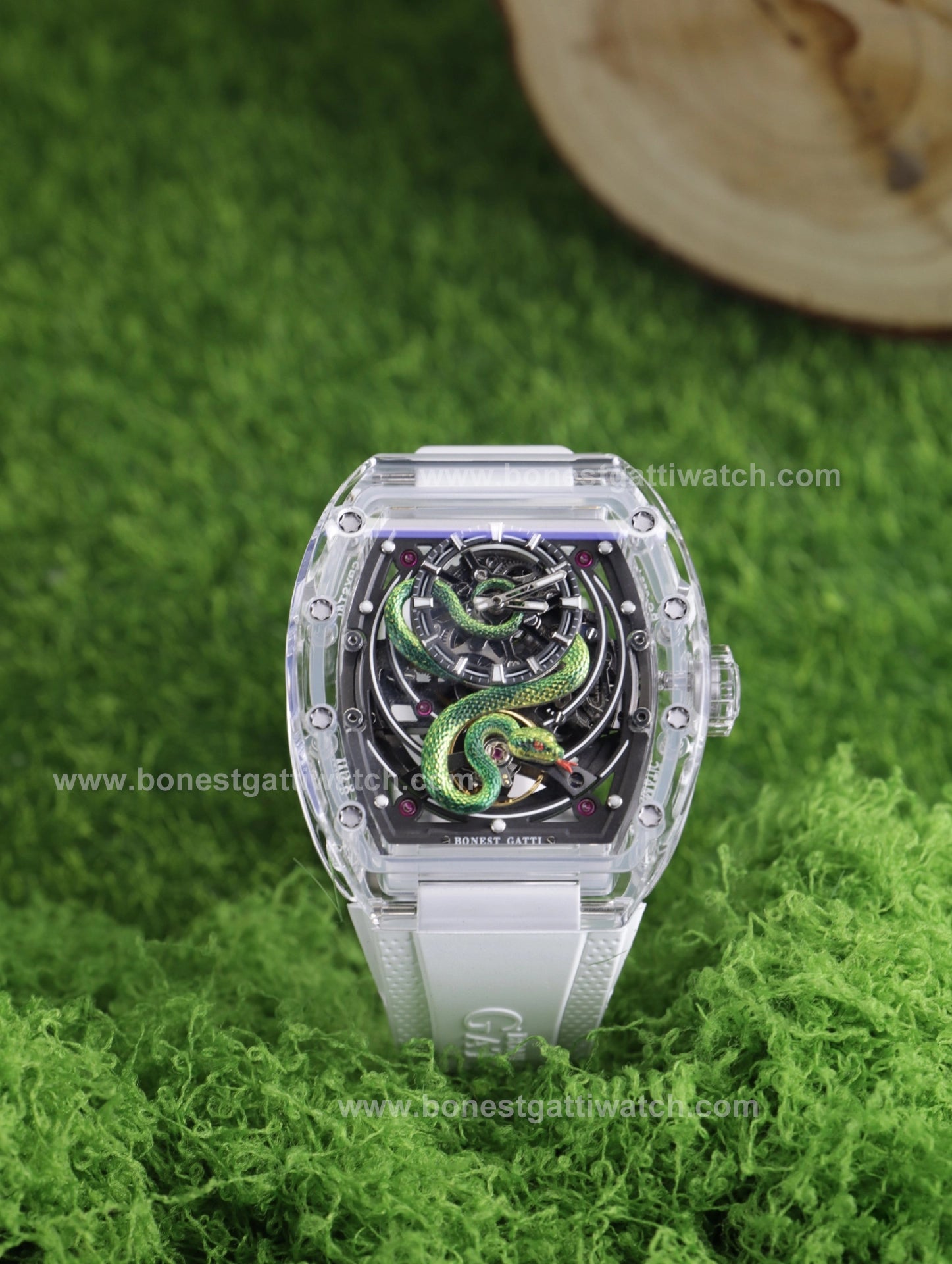 Bonest Gatti BG6004 Transparent Emerald Snake Dial – Skeleton Tonneau Watch - Top G Watches