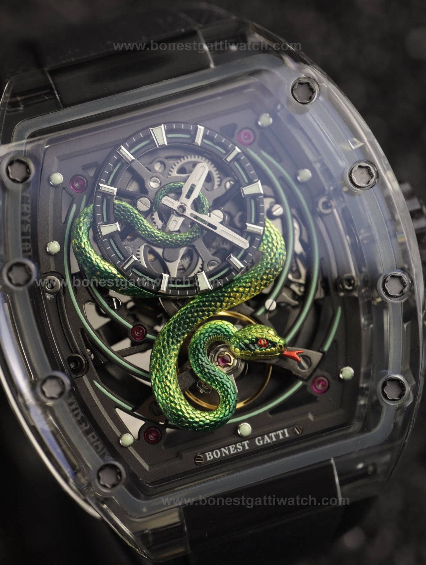 Bonest Gatti BG6004 Transparent Emerald Snake Dial – Skeleton Tonneau Watch - Top G Watches