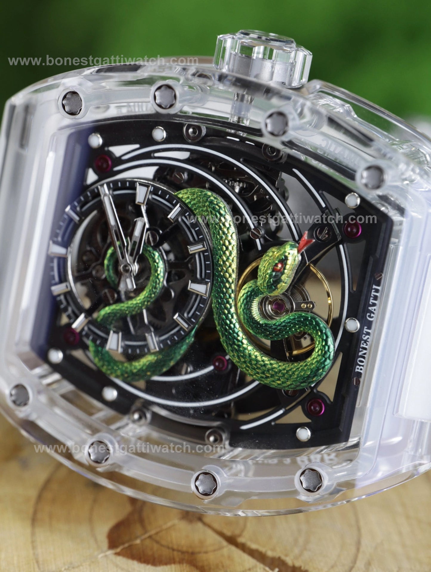 Bonest Gatti BG6004 Transparent Emerald Snake Dial – Skeleton Tonneau Watch - Top G Watches