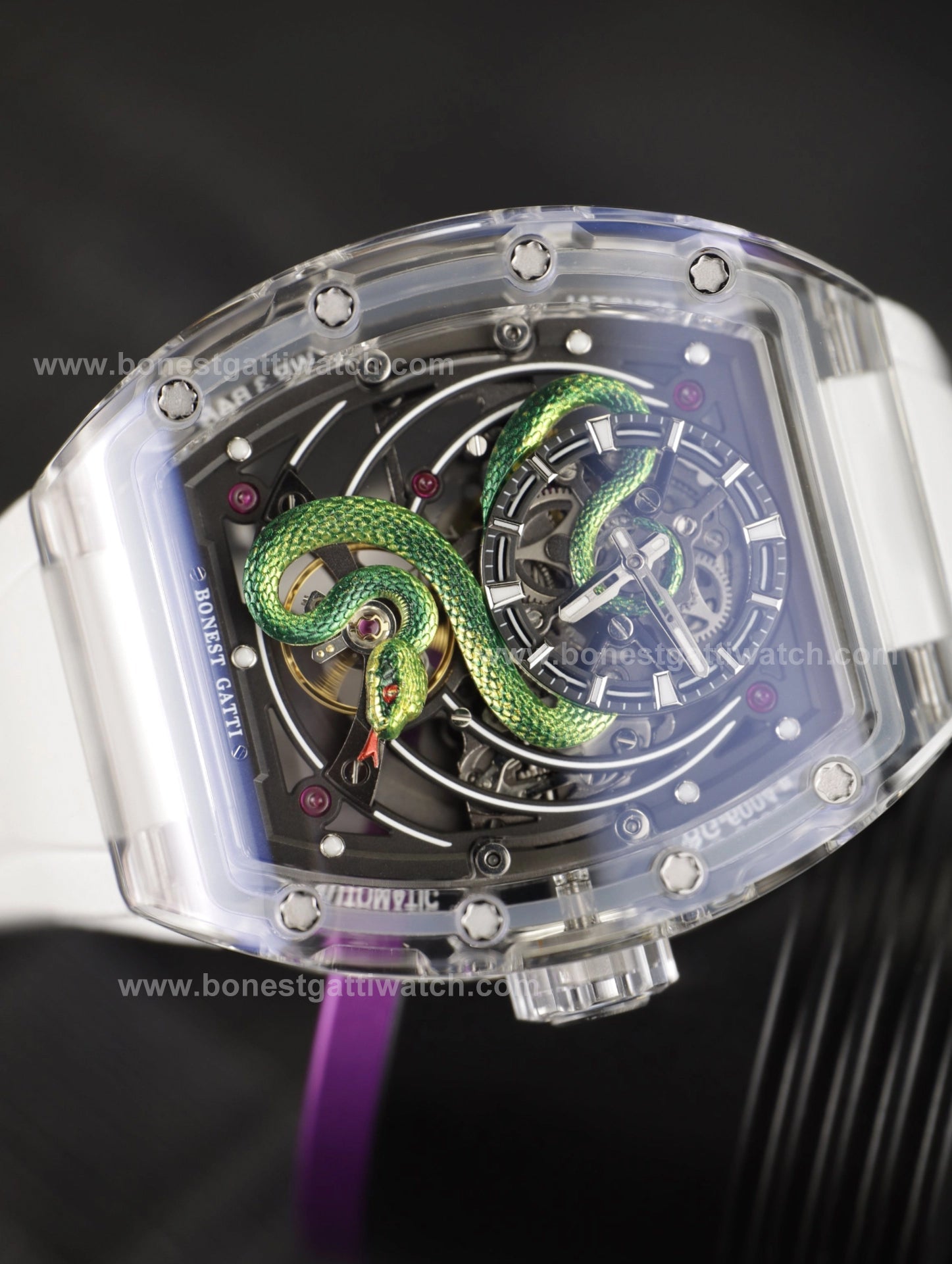Bonest Gatti BG6004 Transparent Emerald Snake Dial – Skeleton Tonneau Watch - Top G Watches