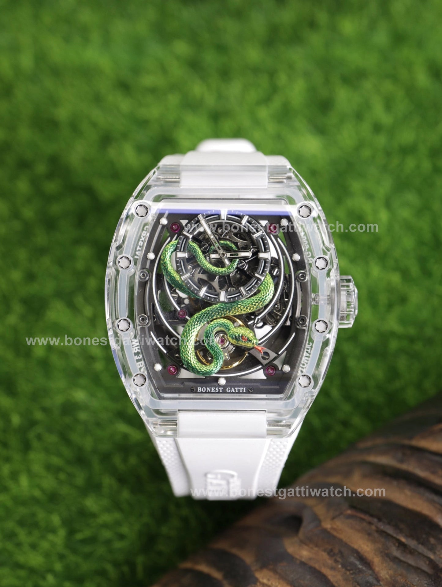 Bonest Gatti BG6004 Transparent Emerald Snake Dial – Skeleton Tonneau Watch - Top G Watches