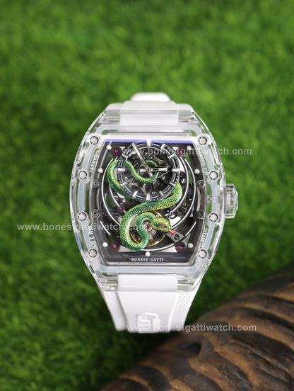 Bonest Gatti BG6004 Transparent Emerald Snake Dial – Skeleton Tonneau Watch - Top G Watches