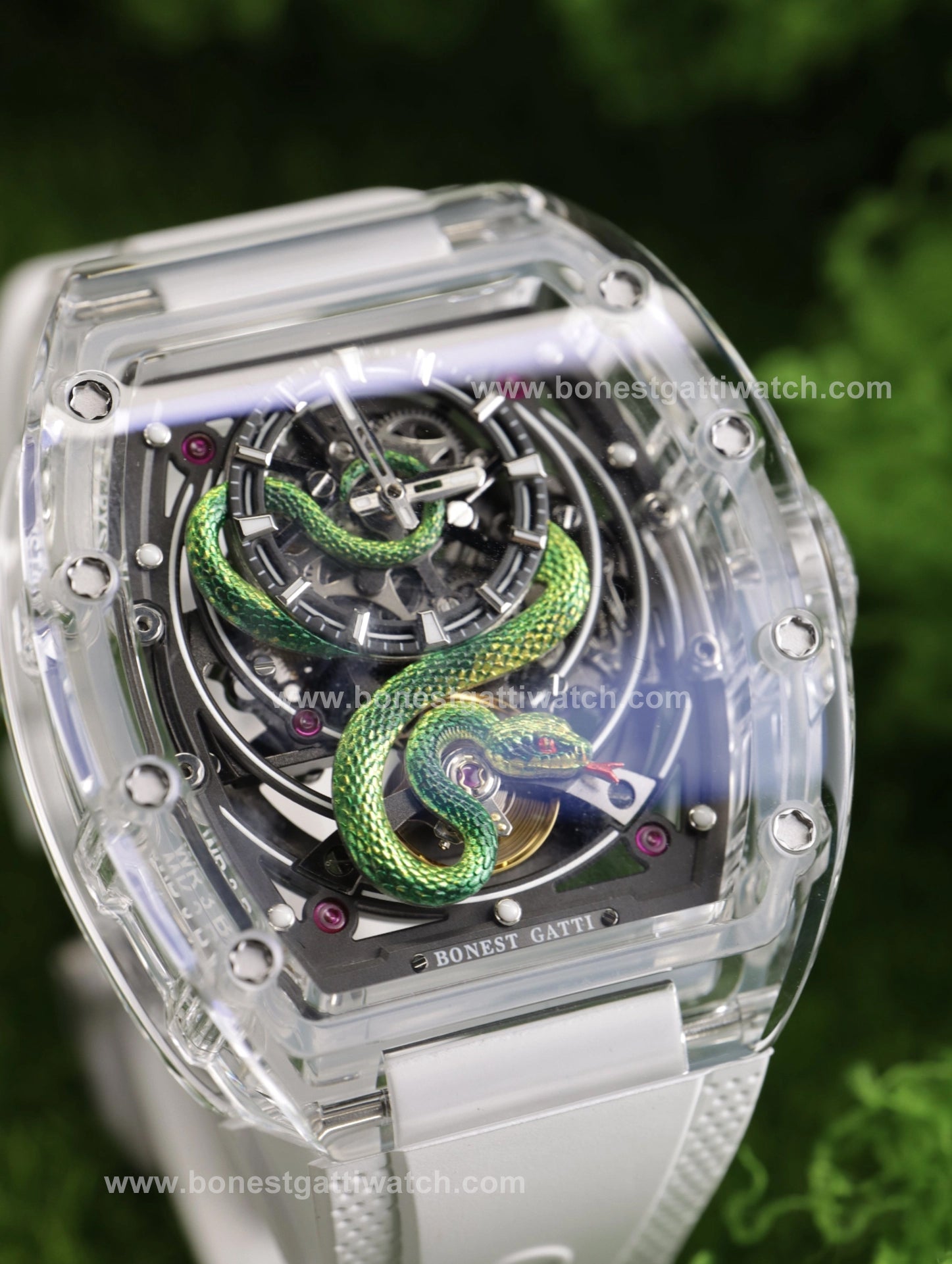 Bonest Gatti BG6004 Transparent Emerald Snake Dial – Skeleton Tonneau Watch - Top G Watches