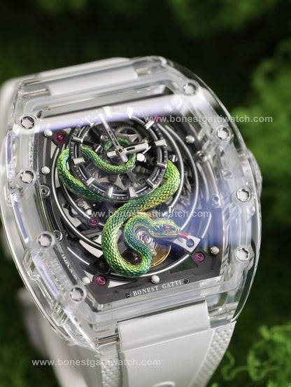 Bonest Gatti BG6004 Transparent Emerald Snake Dial – Skeleton Tonneau Watch - Top G Watches