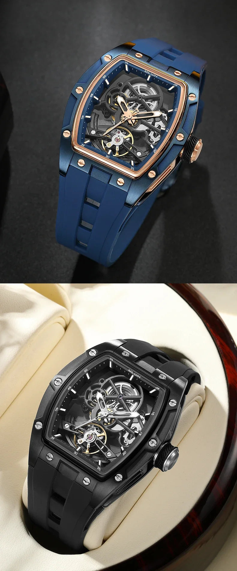 NEW Automatic Megir Mechanical Stainless Skeleton Dial Wristwatch