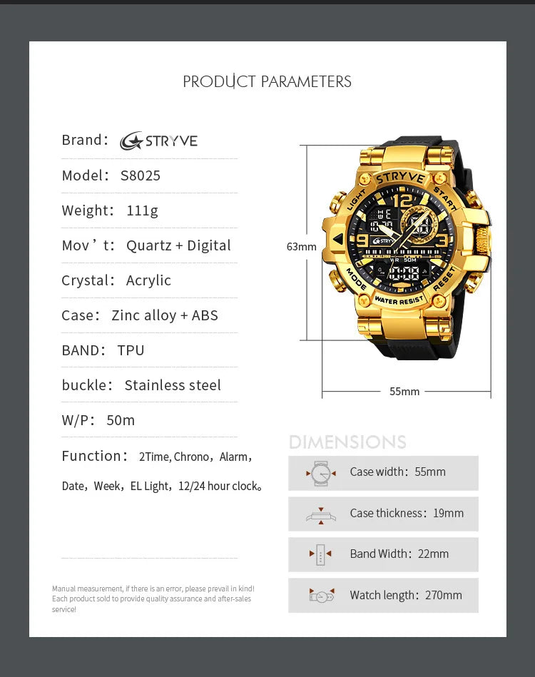 STRYVE S8025 Digital Analog Sports Watch – Shockproof Waterproof Dual Display - Top G Watches