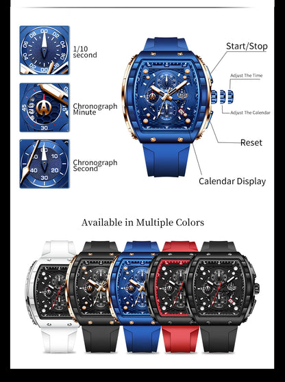 NEW Lige Tonneau Waterproof Sports Chronograph Quartz Watch