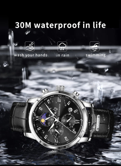 LIGE 8953 Men's Moon Phase Chronograph Watch – Leather Strap Quartz Dress Watch