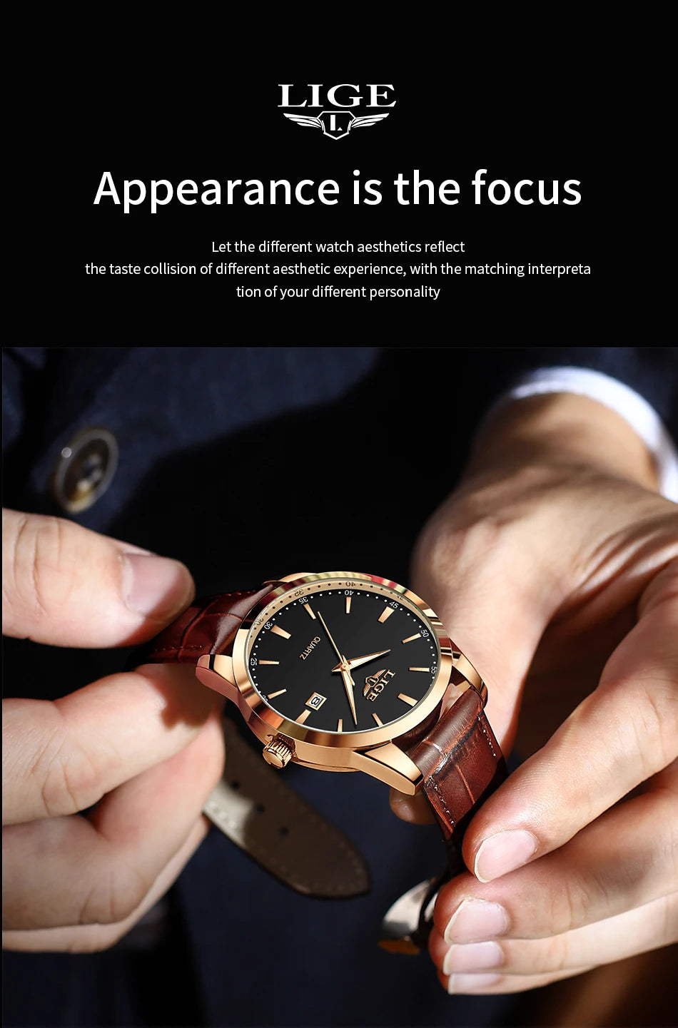 LIGE LG89143 Men's Classic Leather Quartz Watch – Elegant Dress & Business Watch