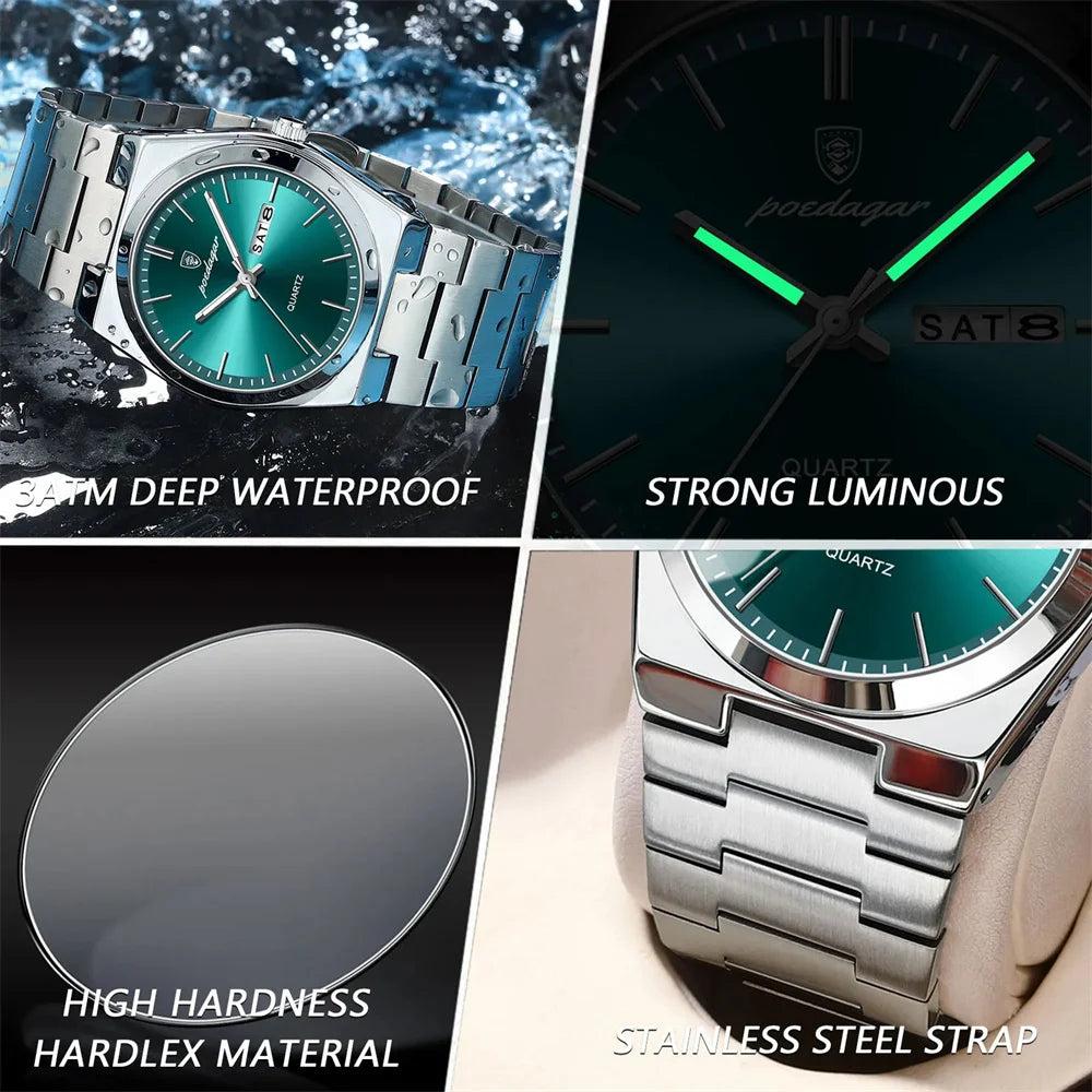 POEDAGAR Luxury Quartz Man Wristwatch Sport Men Watches Waterproof Luminous Date Week Stainless Steel Men's Watch Male Reloj - Top G Watches