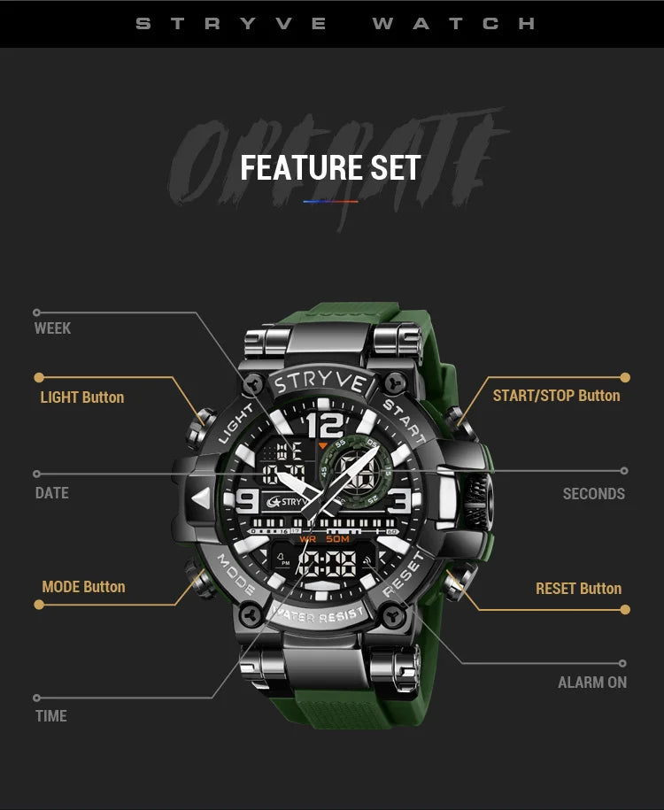 STRYVE S8025 Digital Analog Sports Watch – Shockproof Waterproof Dual Display - Top G Watches