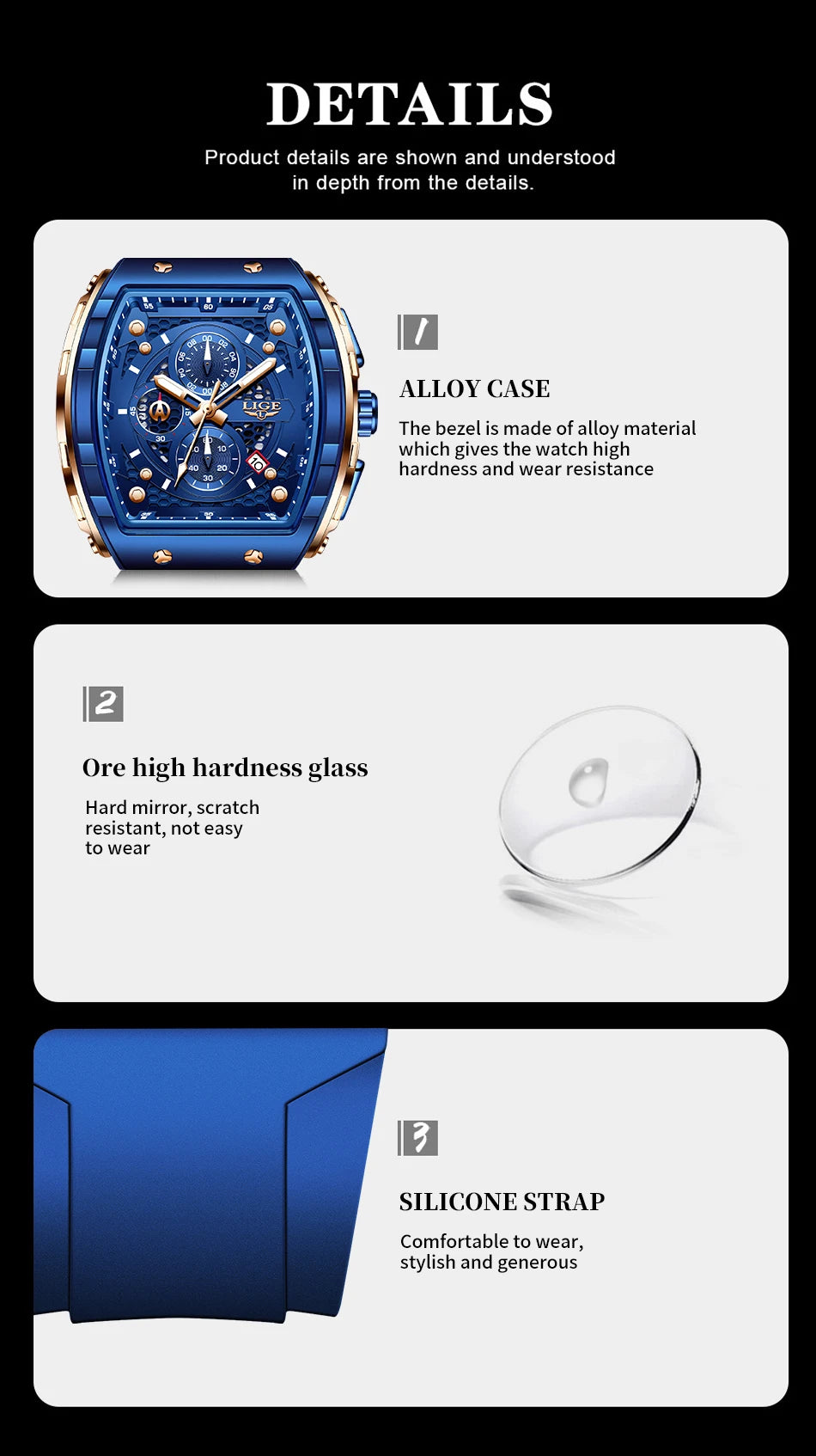 NEW Lige Tonneau Waterproof Sports Chronograph Quartz Watch