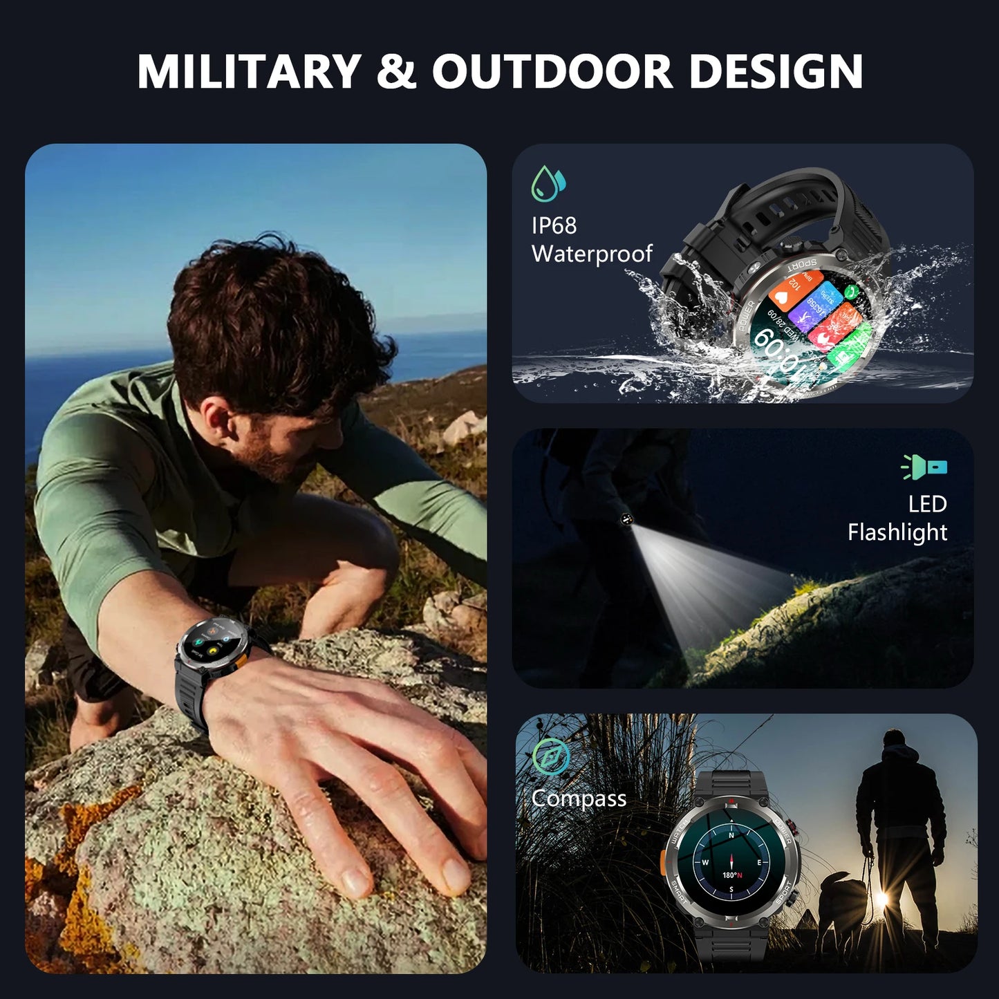 Blackview W50 Pro Rugged Smartwatch – LED Flashlight & Bluetooth Calling