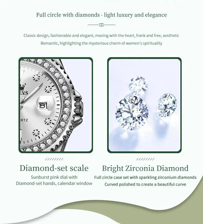 Fashion Diamond Zirconia Dial Quartz-Crystal Waterproof Olevs Ladies Wristwatch - Top G Watches