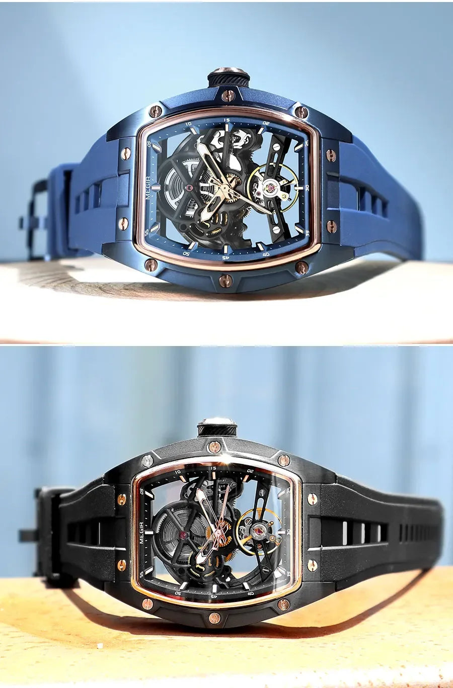 NEW Automatic Megir Mechanical Stainless Skeleton Dial Wristwatch
