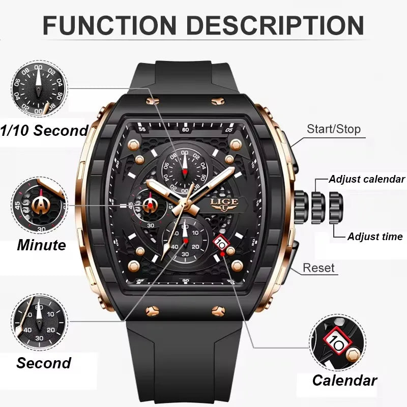 NEW Lige Tonneau Waterproof Sports Chronograph Quartz Watch