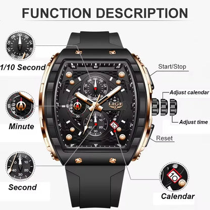 NEW Lige Tonneau Waterproof Sports Chronograph Quartz Watch