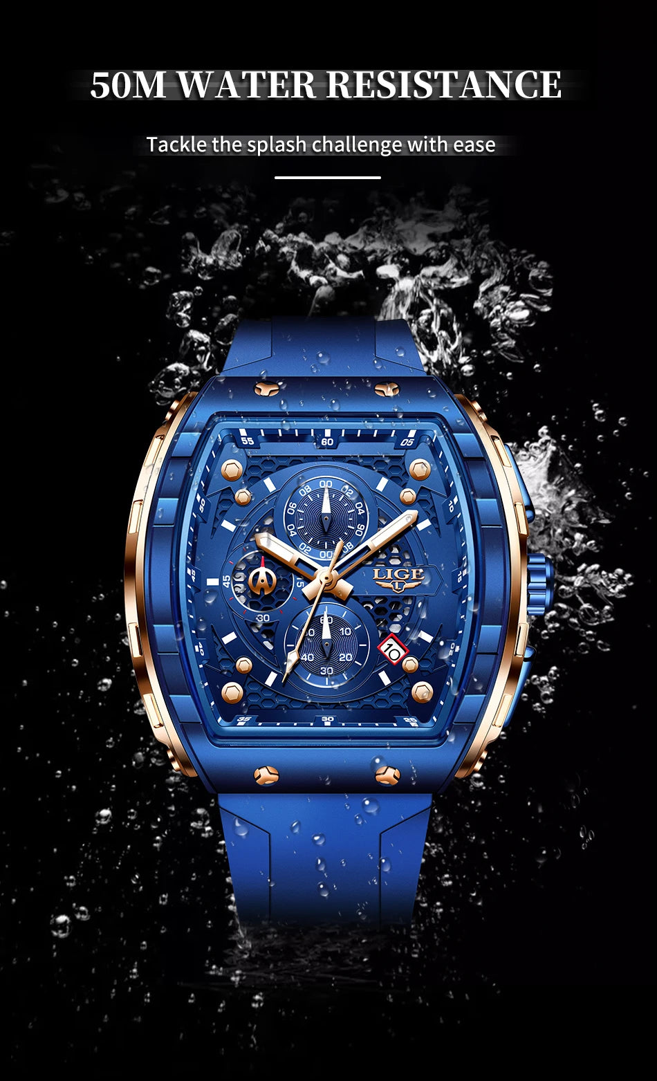 NEW Lige Tonneau Waterproof Sports Chronograph Quartz Watch