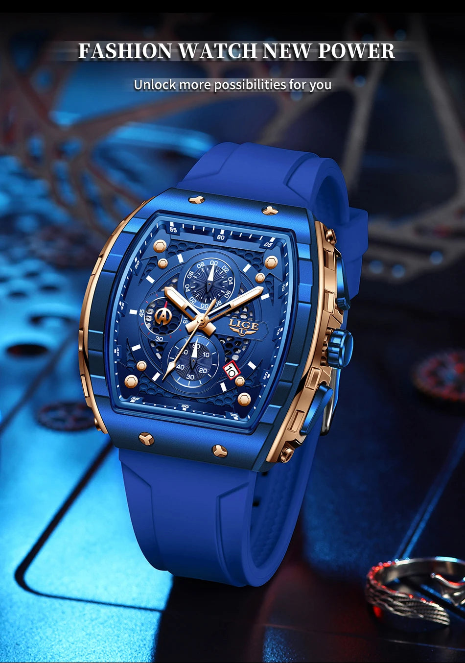 NEW Lige Tonneau Waterproof Sports Chronograph Quartz Watch