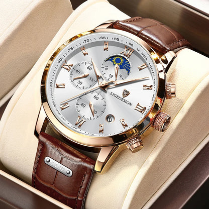 LIGE 8953 Men's Moon Phase Chronograph Watch – Leather Strap Quartz Dress Watch