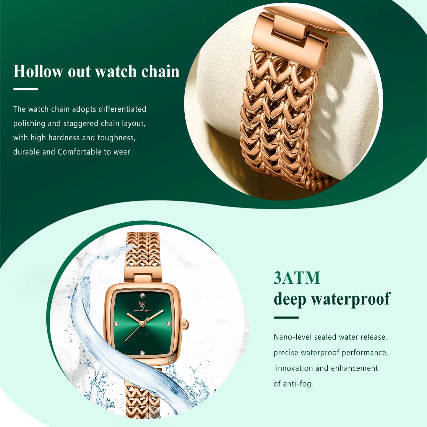 Rosegold Square-Cut Poedagar Waterproof Quartz-Crystal Fashion Dress Wristwatch - Top G Watches