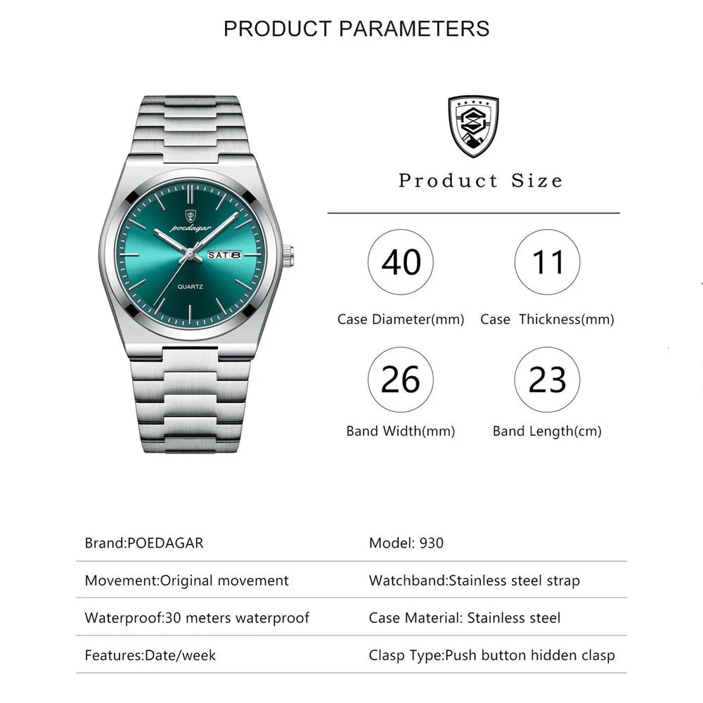 POEDAGAR Luxury Quartz Man Wristwatch Sport Men Watches Waterproof Luminous Date Week Stainless Steel Men's Watch Male Reloj - Top G Watches