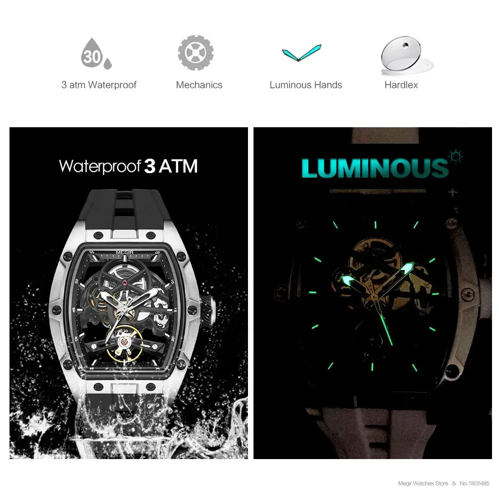 NEW Automatic Megir Mechanical Stainless Skeleton Dial Wristwatch